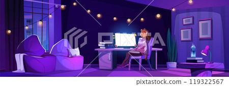 Tired woman sitting at night home office interior Tired woman sitting at night home office interior 119322567