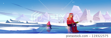 Male fisher sitting on frozen lake with rod Male fisher sitting on frozen lake with rod 119322575