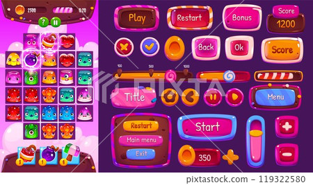 Ui candy match game interface with button and icon 119322580