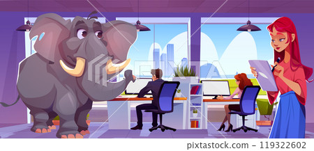 People working on computers, elefant in office 119322602