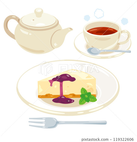 Rare cheesecake served on a plate and a tea set 119322606