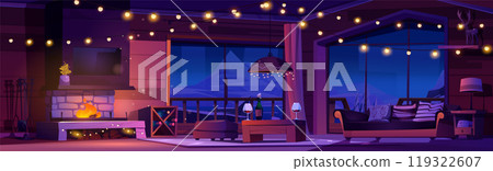 Fireplace, garland in night winter chalet interior 119322607