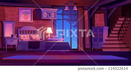 Castle bedroom interior at night illustration 119322614