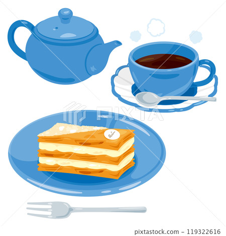 Millefeuille on a plate and a coffee set 119322616