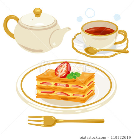 Napoleon pie on a plate and tea set 119322619