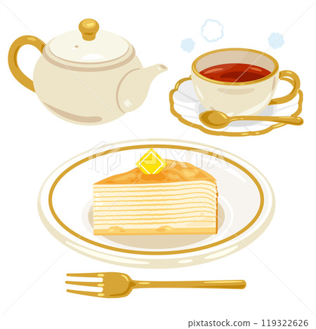 Mille crepes on a plate and a tea set Mille crepes on a plate and a tea set 119322626