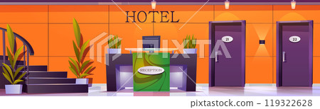 Welcome hotel reception desk in lobby interior Welcome hotel reception desk in lobby interior 119322628