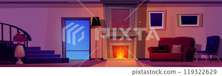 Large living room with fireplace at night Large living room with fireplace at night 119322629