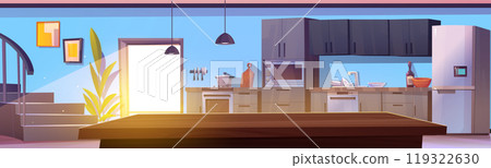 Home kitchen interior with furniture, kitchenware Home kitchen interior with furniture, kitchenware 119322630