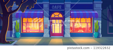 Night cafe facade, silhouettes of people inside 119322632