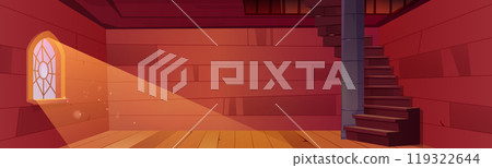 Old medieval wooden room empty interior and stairs 119322644