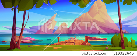 Mountain lake with dock and boat cartoon vector 119322649