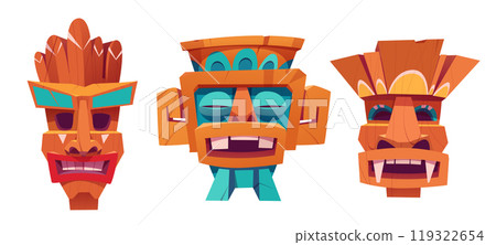 Cartoon set of tiki masks isolated on white 119322654