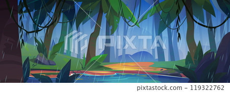 Rain in green tropic forest with lake cartoon Rain in green tropic forest with lake cartoon 119322762