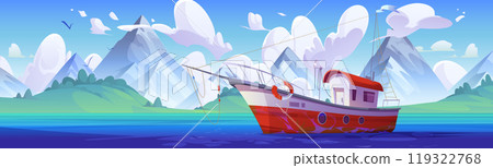 Fish boat in sea near island mountain landscape 119322768