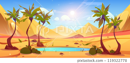 Palm tree, lake in desert oasis and sun in sky 119322778