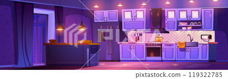 Night kitchen room interior with table and fridge 119322785