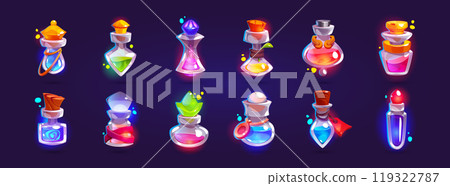 Glass bottles with magic potion and elixir. 119322787