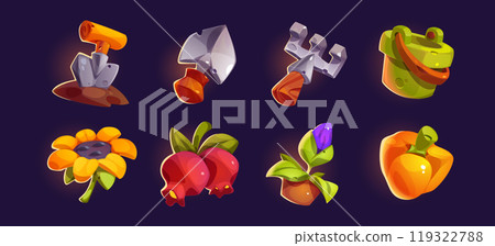 Farm game icons set of gardening tools and harvest 119322788