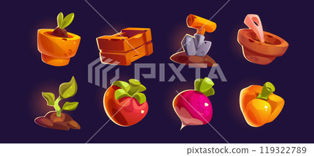 Farm gardening game ui icon of tool and vegetable Farm gardening game ui icon of tool and vegetable 119322789