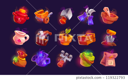 Gardening and farm game icons set. Gardening and farm game icons set. 119322793