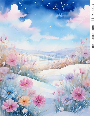 Illustration of flowers blooming in a snowy landscape - AI generated image Illustration of flowers blooming in a snowy landscape - AI generated image 119322805