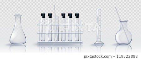 Glass laboratory chemical flasks and test tubes 119322888