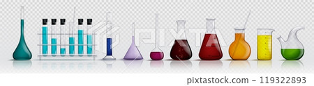 Glass laboratory measuring flasks with liquids Glass laboratory measuring flasks with liquids 119322893