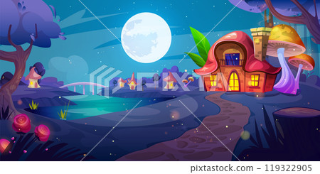 Night village with mushroom houses 119322905