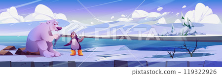 Polar bear and penguin on ice landscape 119322926