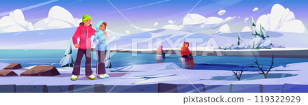 Frozen north landscape with fisherman background 119322929