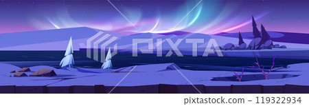 Northern winter landscape with aurora borealis Northern winter landscape with aurora borealis 119322934