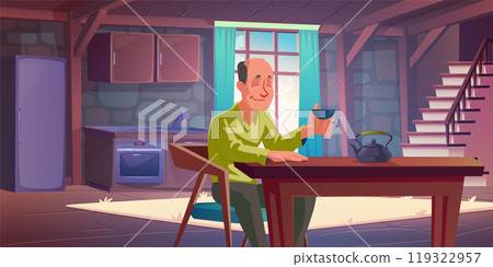 Asian man drinking tea in morning kitchen Asian man drinking tea in morning kitchen 119322957