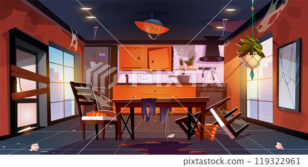 Destroyed kitchen interior in urban apartment 119322961
