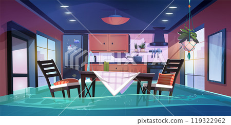 Flood in broken kitchen house room vector cartoon Flood in broken kitchen house room vector cartoon 119322962