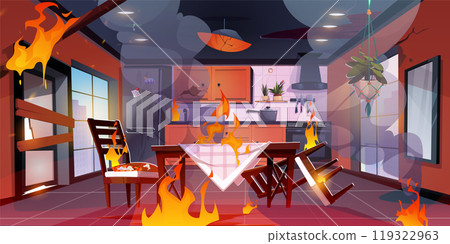 Dining table in kitchen interior in fire disaster Dining table in kitchen interior in fire disaster 119322963