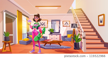 Teen girl with skate in house living room design Teen girl with skate in house living room design 119322966