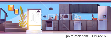 Kitchen room interior with dining table in house Kitchen room interior with dining table in house 119322975