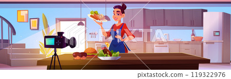 Woman chief with camera on kitchen holding food 119322976