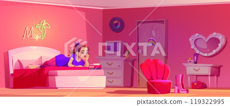 Girl lying in bedroom with groovy pink interior Girl lying in bedroom with groovy pink interior 119322995