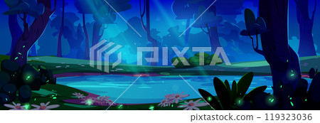 Night forest lake with firefly glow landscape Night forest lake with firefly glow landscape 119323036
