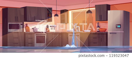 Flood in broken home kitchen room with pipe leak Flood in broken home kitchen room with pipe leak 119323047