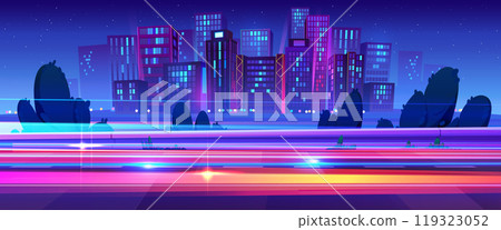 Night neon city light on speed car road vector 119323052