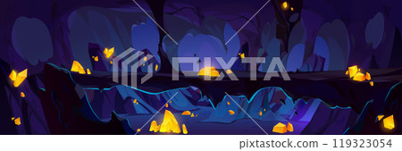 Dark cave with stone walls and golden crystals. 119323054