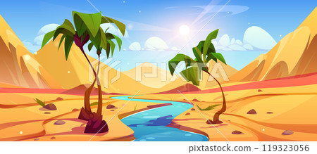 Oasis in desert with sand, hills, river and palm 119323056