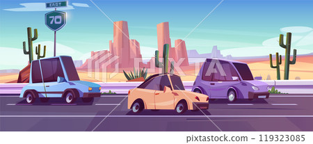 Desert west road and car traffic cartoon landscape 119323085