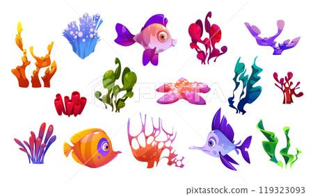 Seabed fish and seaweeds set 119323093