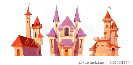 Fairy tale pink princess castle cartoon vector set Fairy tale pink princess castle cartoon vector set 119323104