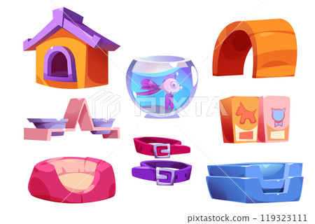 Puppy or dog house, cat food vector care element Puppy or dog house, cat food vector care element 119323111