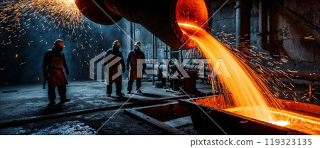 Liquid metal pouring from blast furnace in foundry with workers watching Liquid metal pouring from blast furnace in foundry with workers watching 119323135